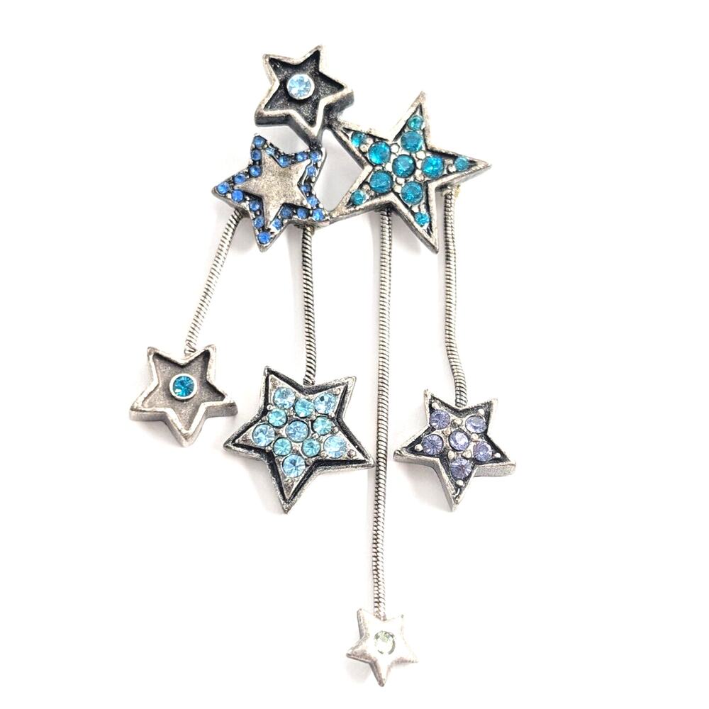 Chico’s Blue Rhinestone Star Dangle Brooch Silver Tone Cascading Starsn
